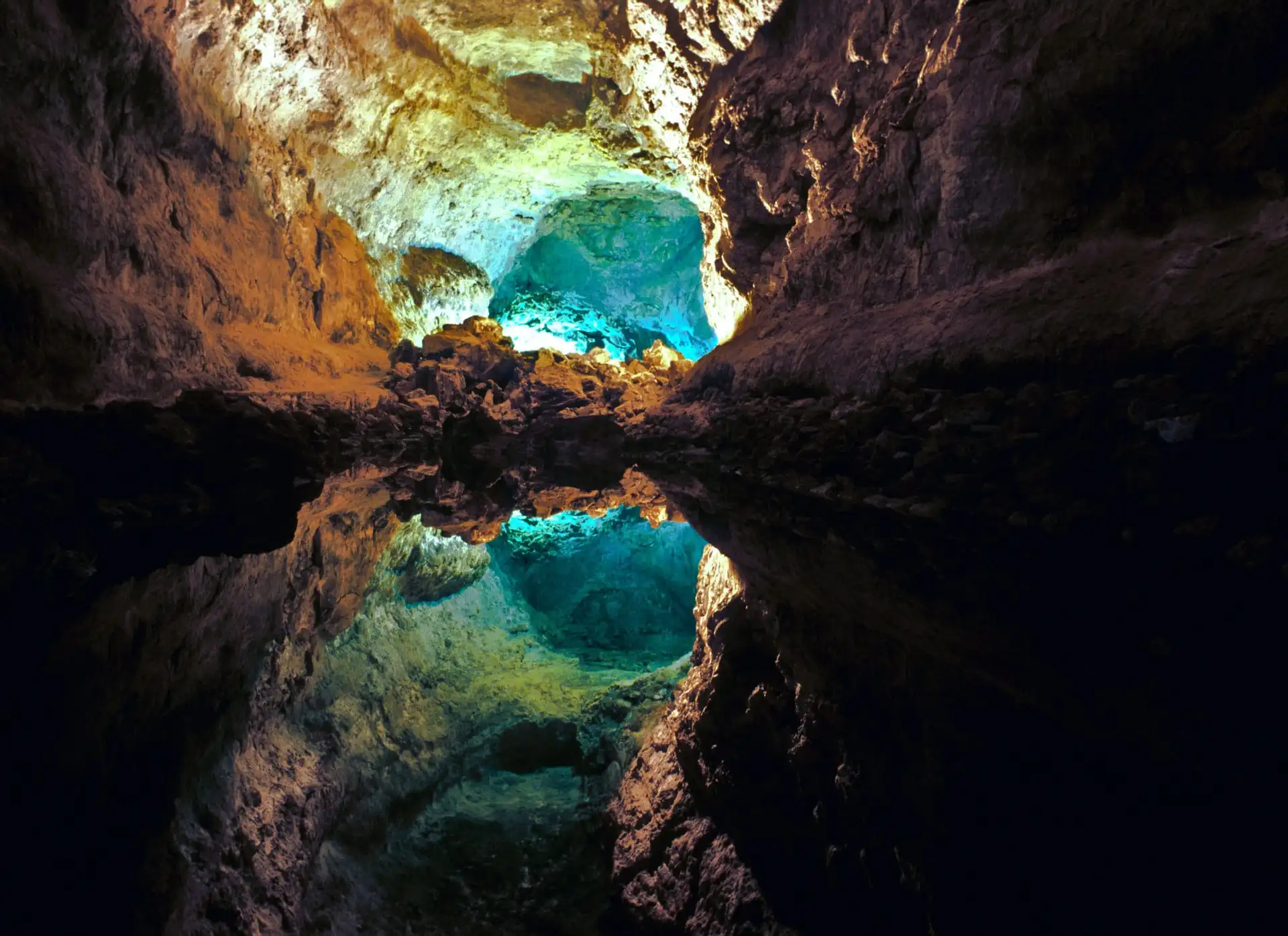 Lit gallery inside Cueva de los Verdes in Lanzarote