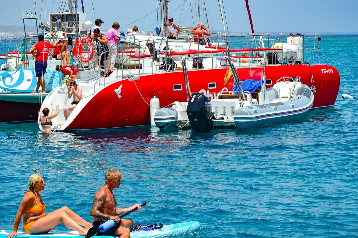Turquoise waters of Lobos Island seen from the catamaran