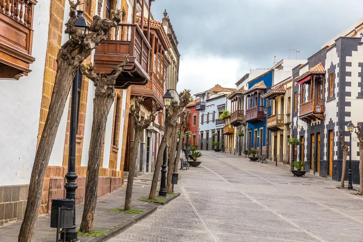 Real de la Plaza street in Teror with its carved, colourfully painted wooden balconies