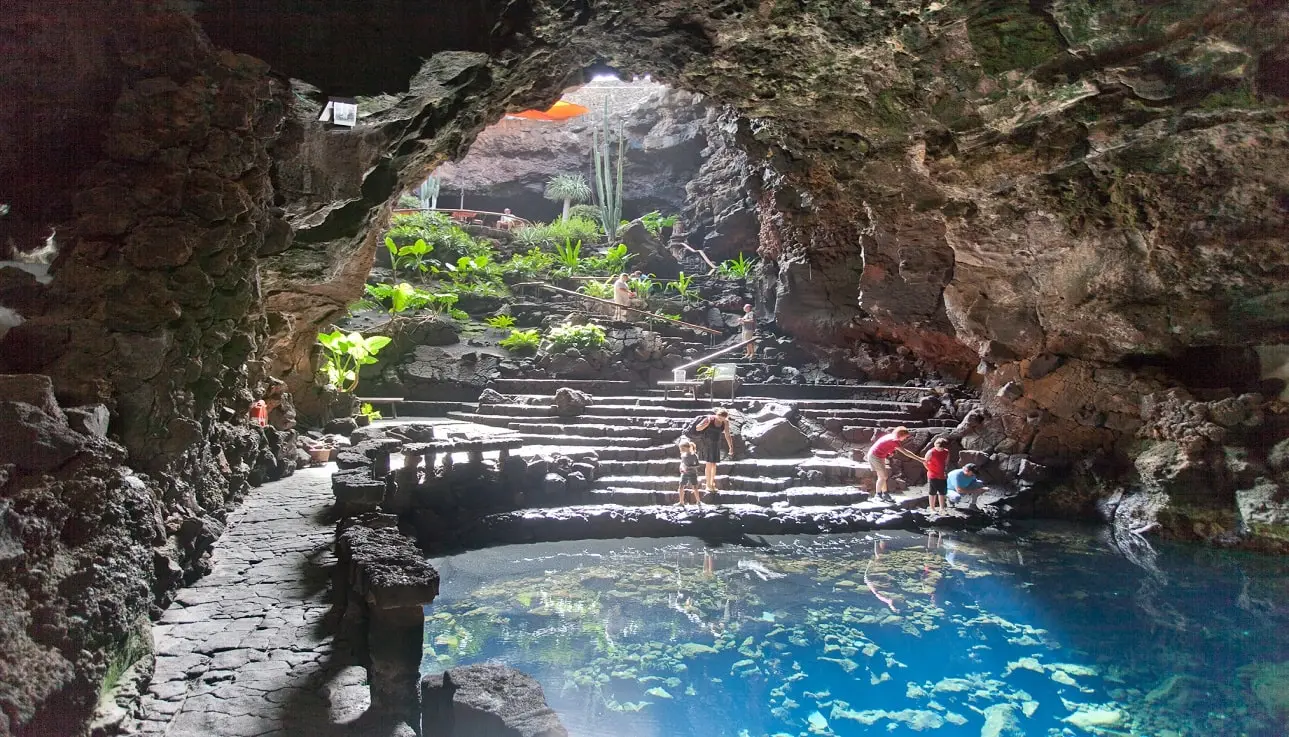 Lagoon and tropical garden inside Jameos del Agua in Lanzarote