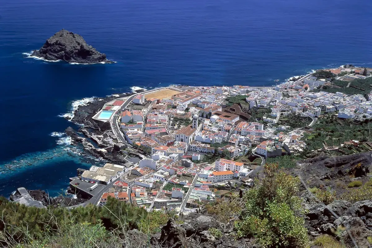 Aerial view of Garachico and its volcanic natural pools in Tenerife